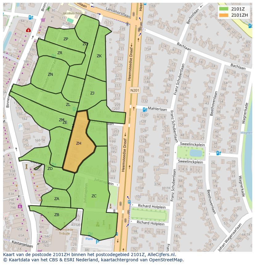 Afbeelding van het postcodegebied 2101 ZH op de kaart.