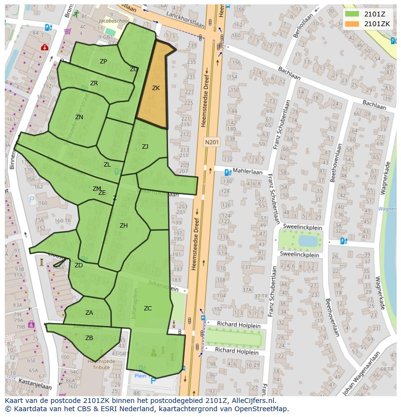 Afbeelding van het postcodegebied 2101 ZK op de kaart.
