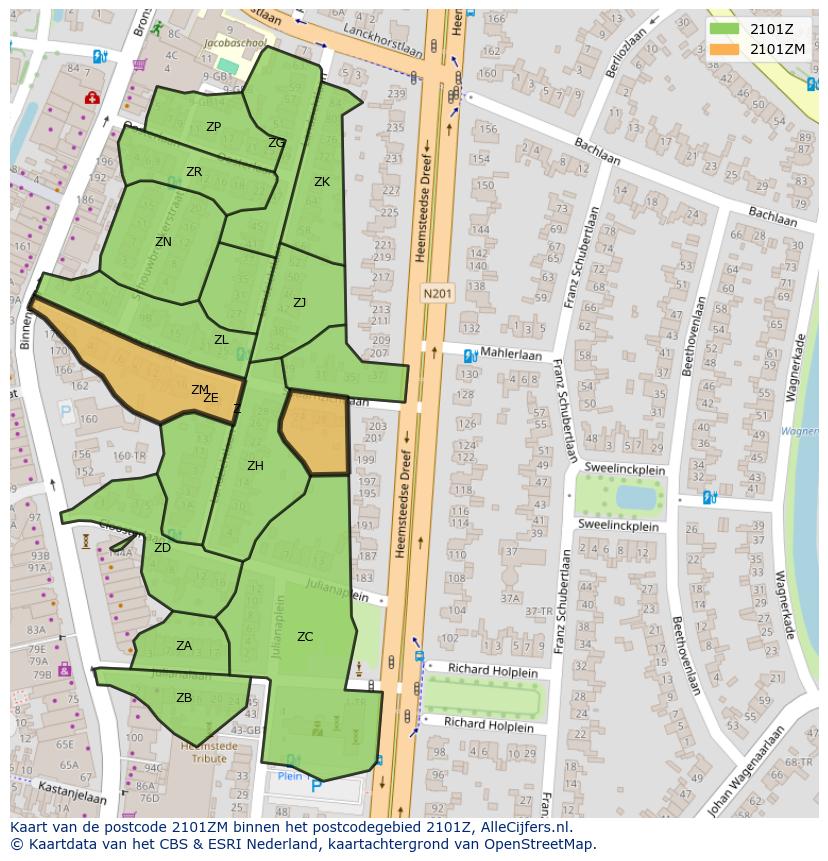 Afbeelding van het postcodegebied 2101 ZM op de kaart.