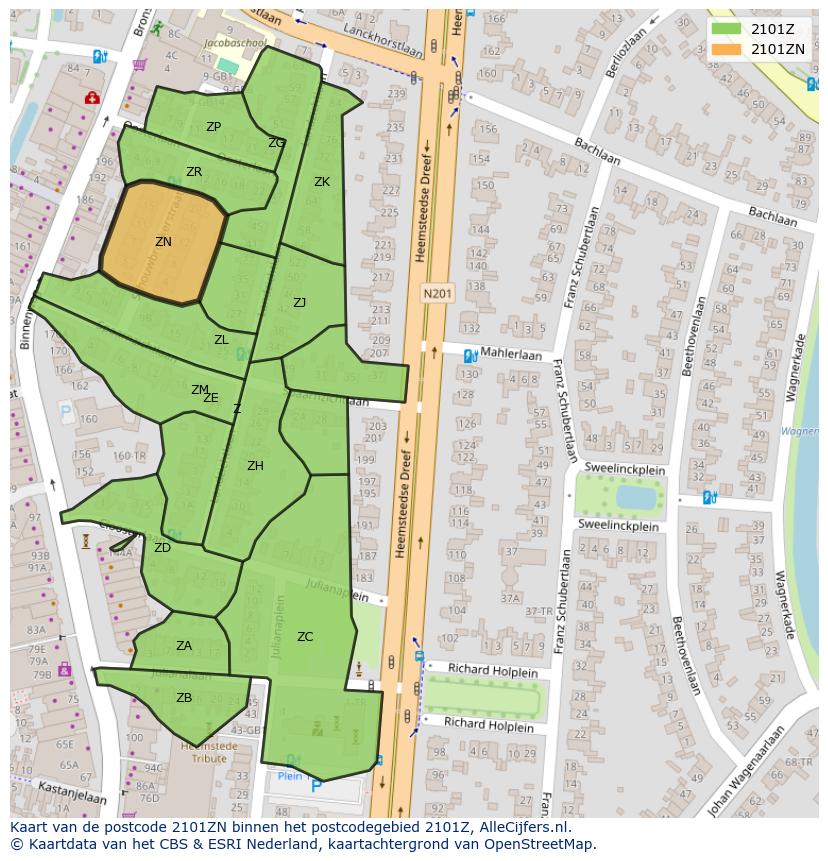 Afbeelding van het postcodegebied 2101 ZN op de kaart.