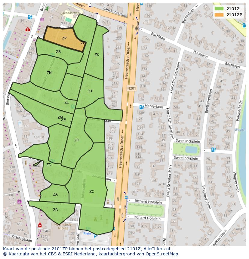 Afbeelding van het postcodegebied 2101 ZP op de kaart.