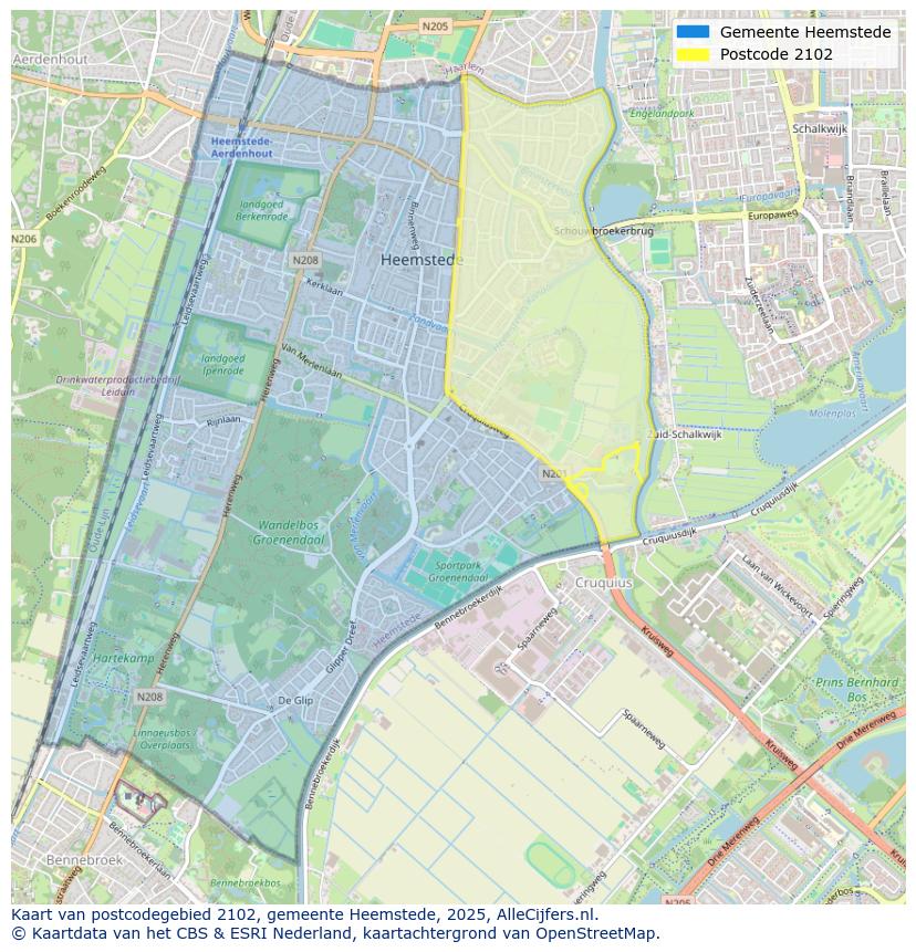Afbeelding van het postcodegebied 2102 op de kaart.