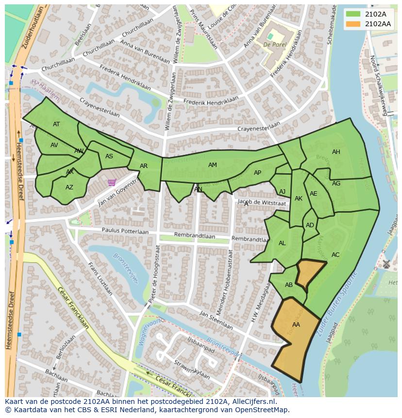 Afbeelding van het postcodegebied 2102 AA op de kaart.