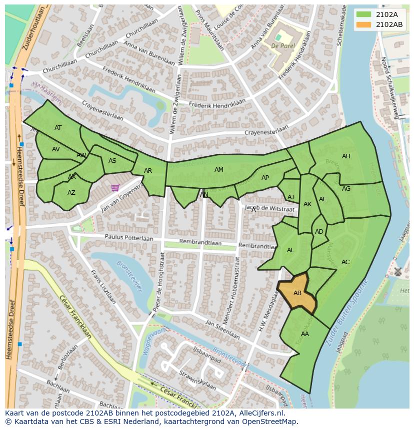 Afbeelding van het postcodegebied 2102 AB op de kaart.