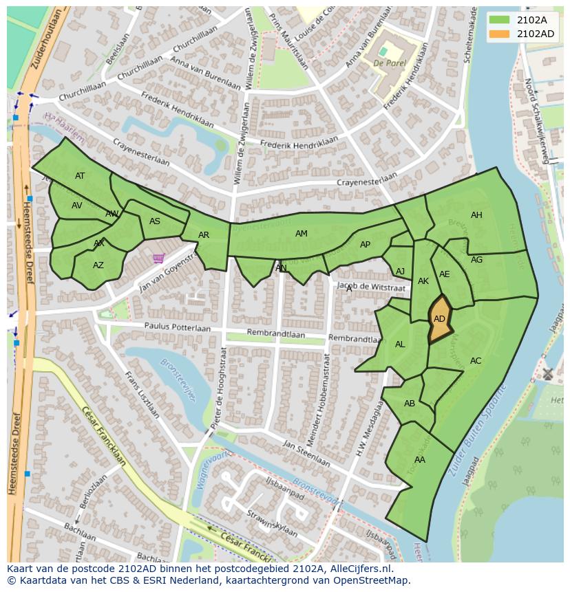 Afbeelding van het postcodegebied 2102 AD op de kaart.