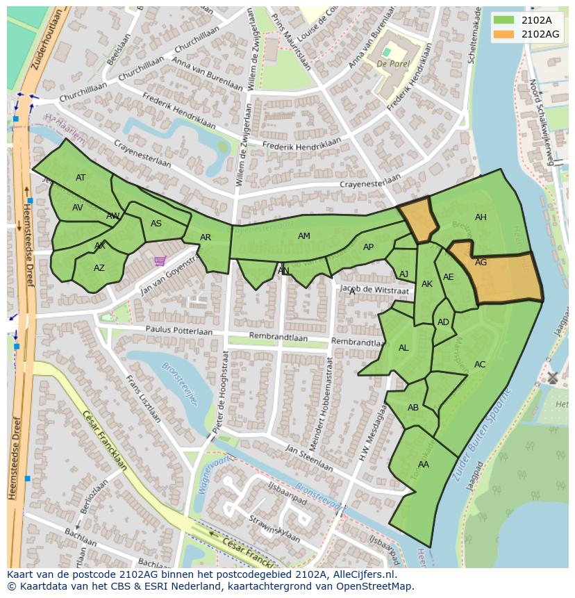 Afbeelding van het postcodegebied 2102 AG op de kaart.
