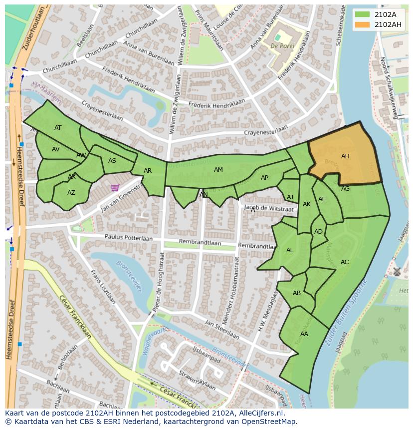 Afbeelding van het postcodegebied 2102 AH op de kaart.