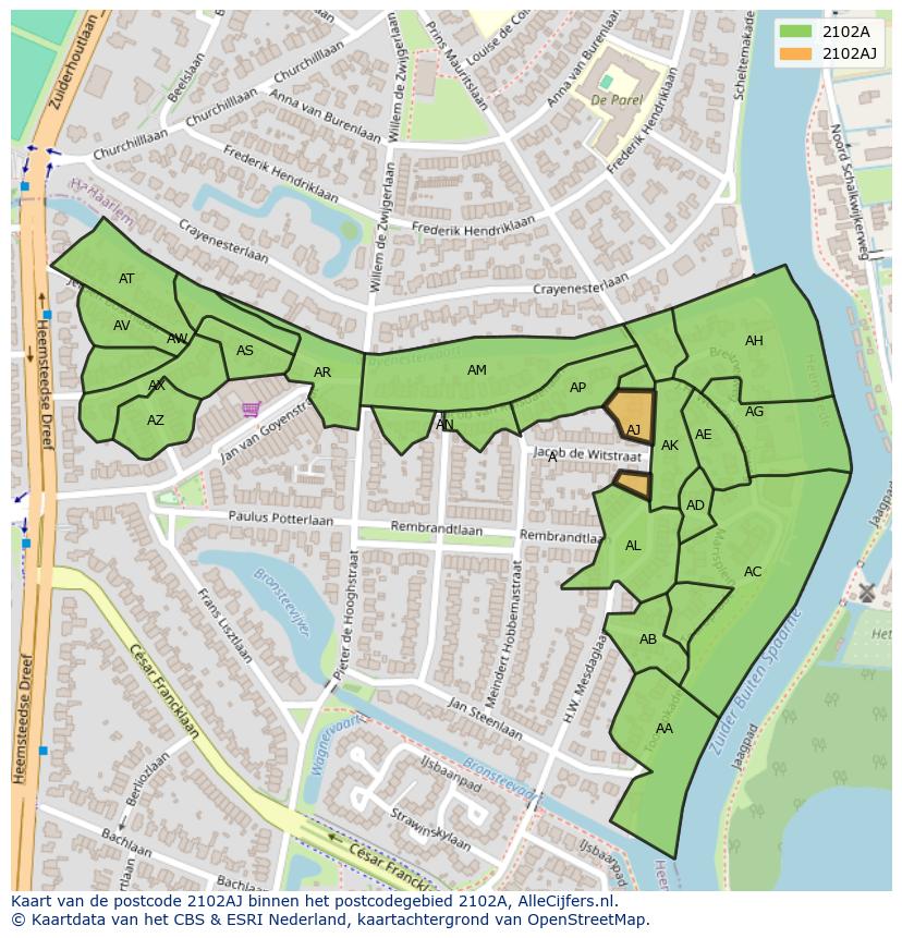 Afbeelding van het postcodegebied 2102 AJ op de kaart.