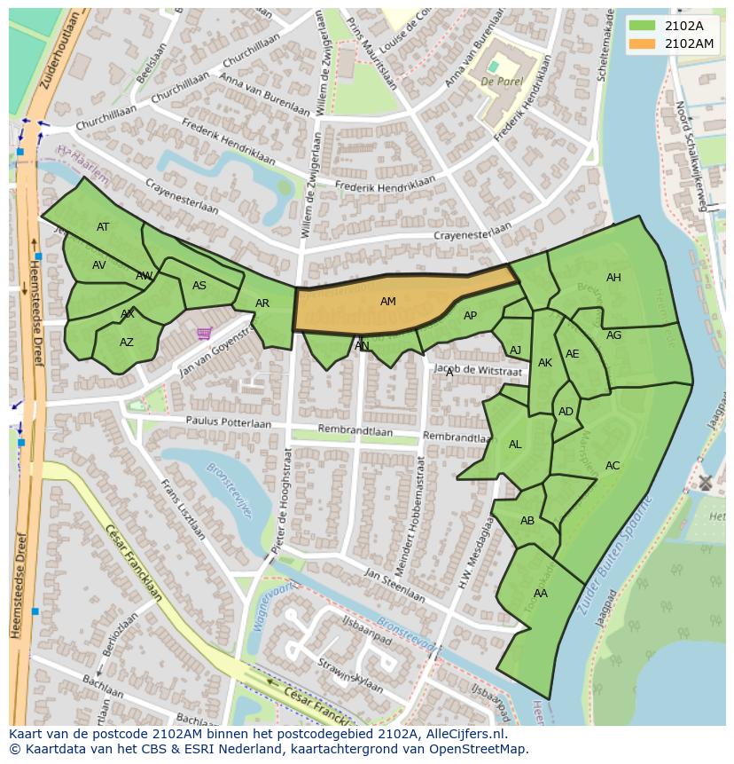 Afbeelding van het postcodegebied 2102 AM op de kaart.