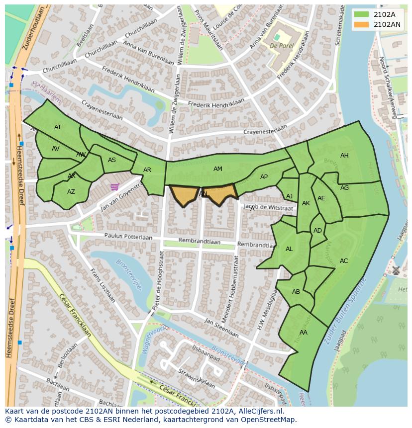 Afbeelding van het postcodegebied 2102 AN op de kaart.