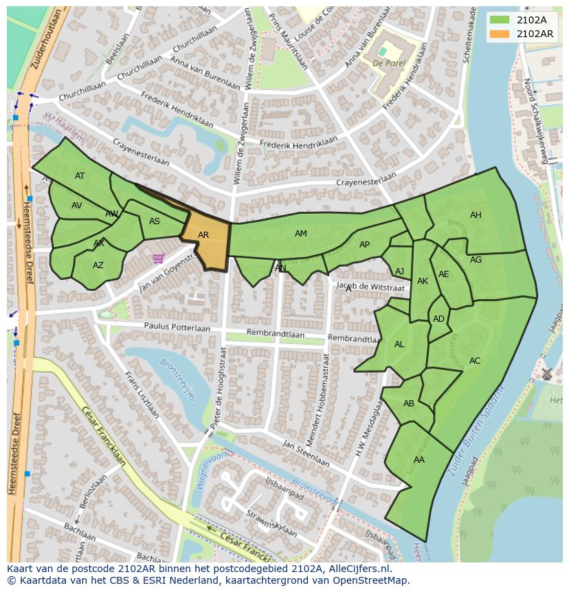 Afbeelding van het postcodegebied 2102 AR op de kaart.