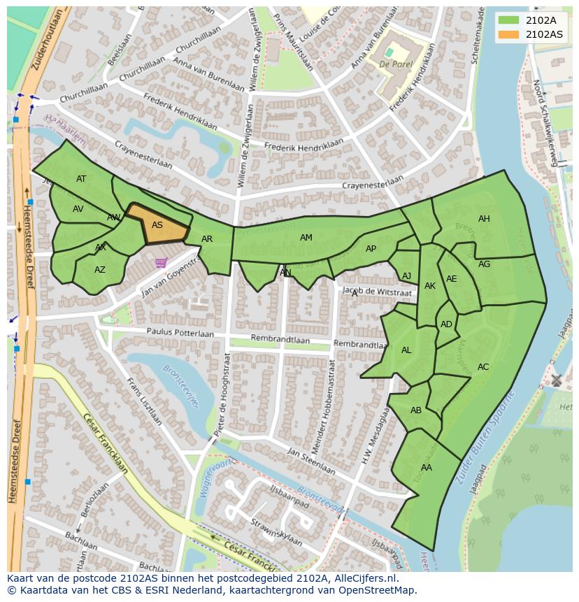 Afbeelding van het postcodegebied 2102 AS op de kaart.