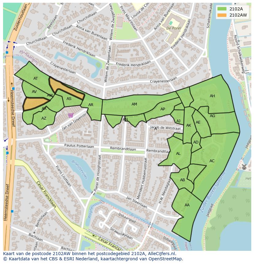 Afbeelding van het postcodegebied 2102 AW op de kaart.