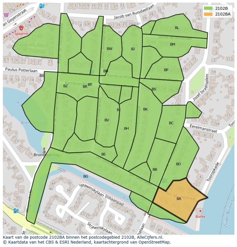 Afbeelding van het postcodegebied 2102 BA op de kaart.