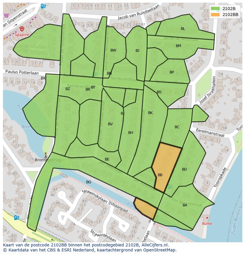 Afbeelding van het postcodegebied 2102 BB op de kaart.