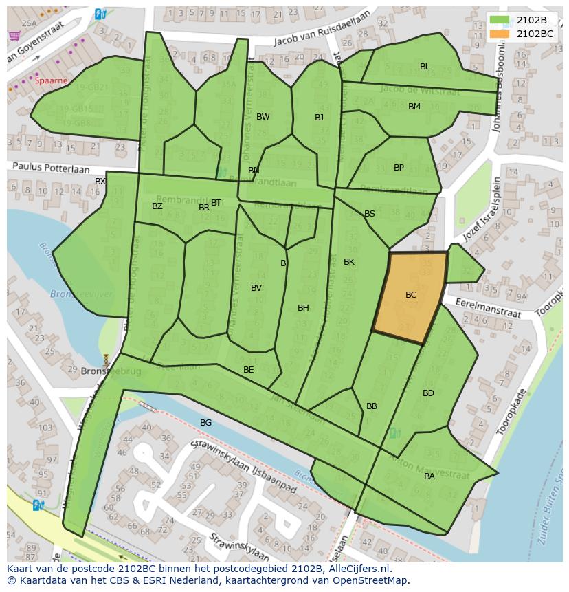 Afbeelding van het postcodegebied 2102 BC op de kaart.