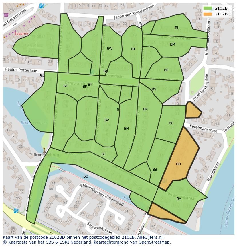 Afbeelding van het postcodegebied 2102 BD op de kaart.