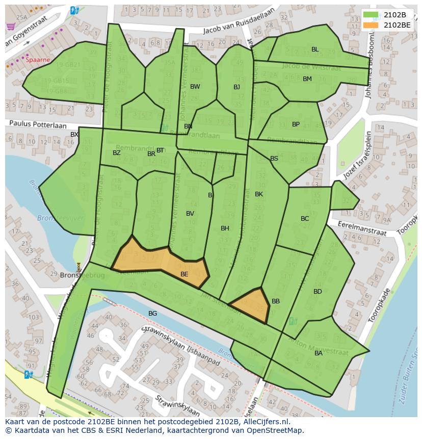 Afbeelding van het postcodegebied 2102 BE op de kaart.