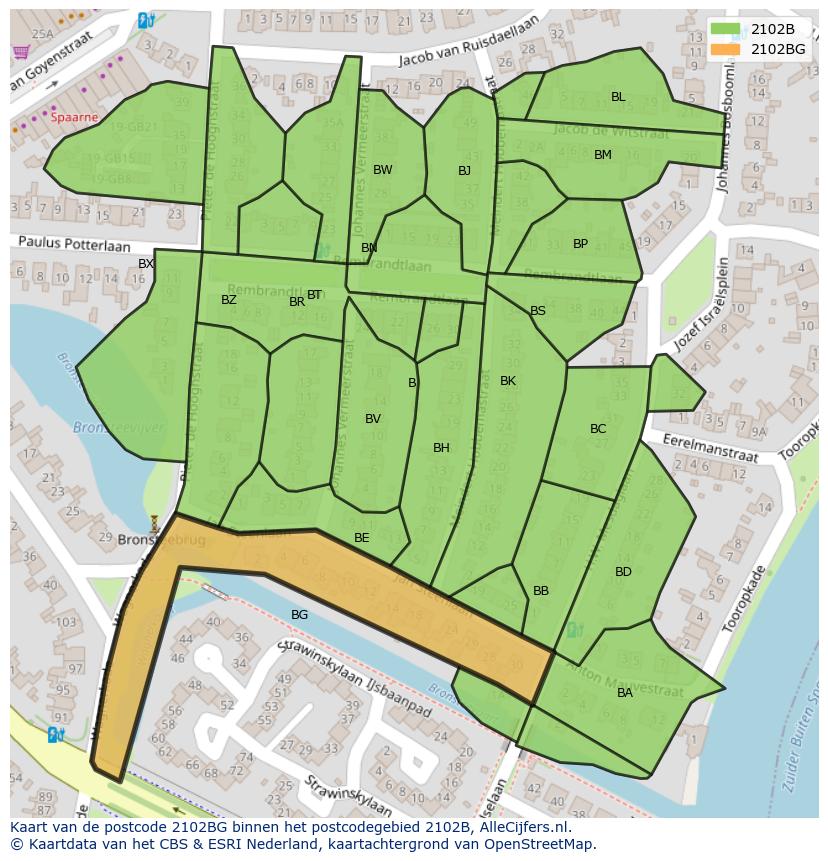 Afbeelding van het postcodegebied 2102 BG op de kaart.