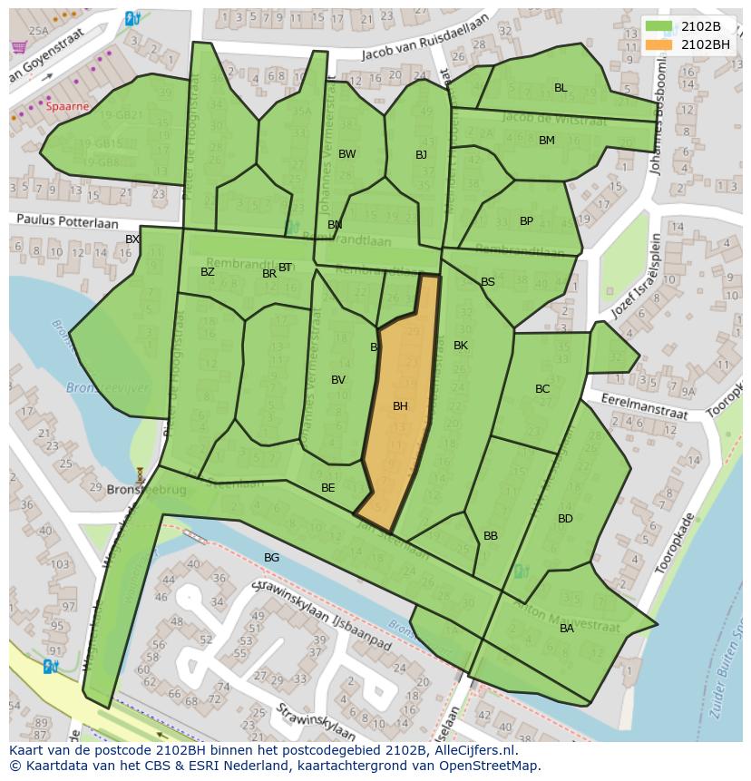 Afbeelding van het postcodegebied 2102 BH op de kaart.