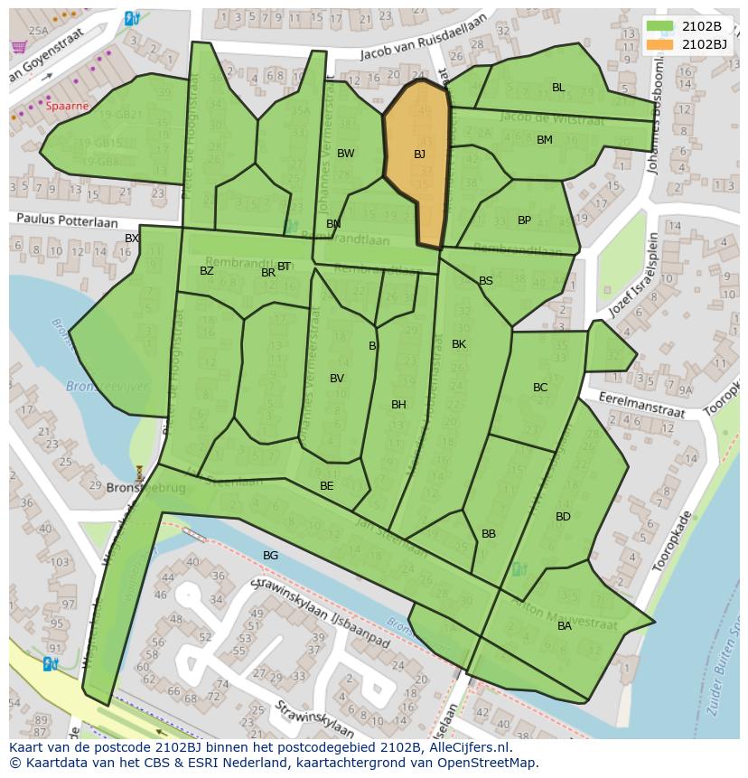 Afbeelding van het postcodegebied 2102 BJ op de kaart.
