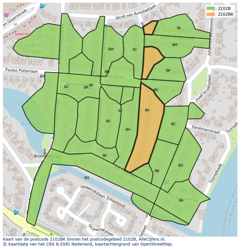 Afbeelding van het postcodegebied 2102 BK op de kaart.