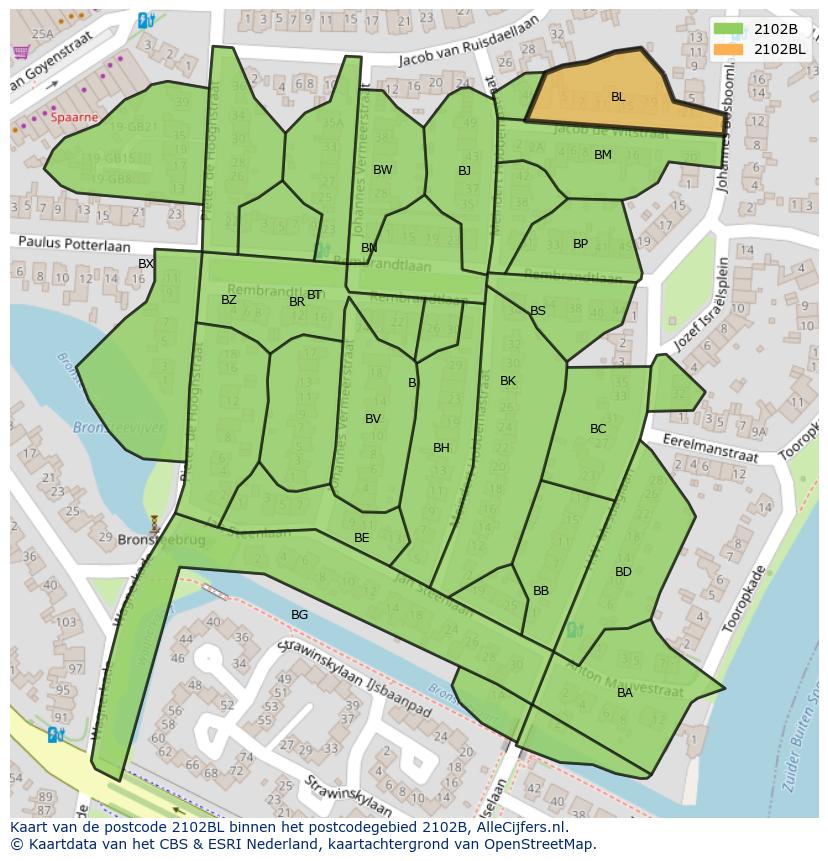 Afbeelding van het postcodegebied 2102 BL op de kaart.