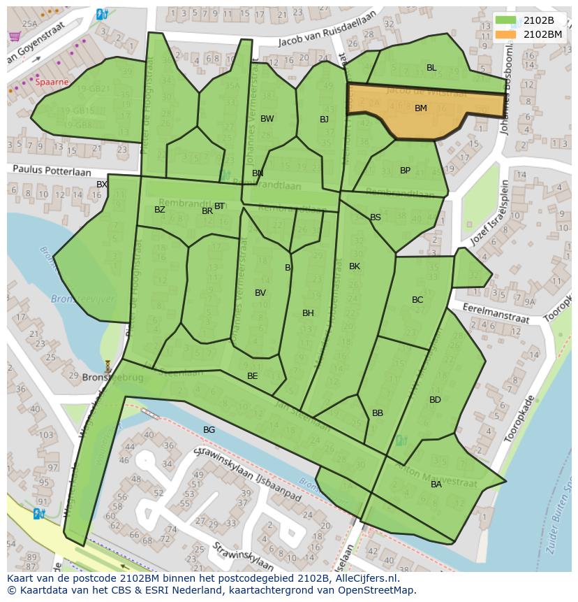 Afbeelding van het postcodegebied 2102 BM op de kaart.