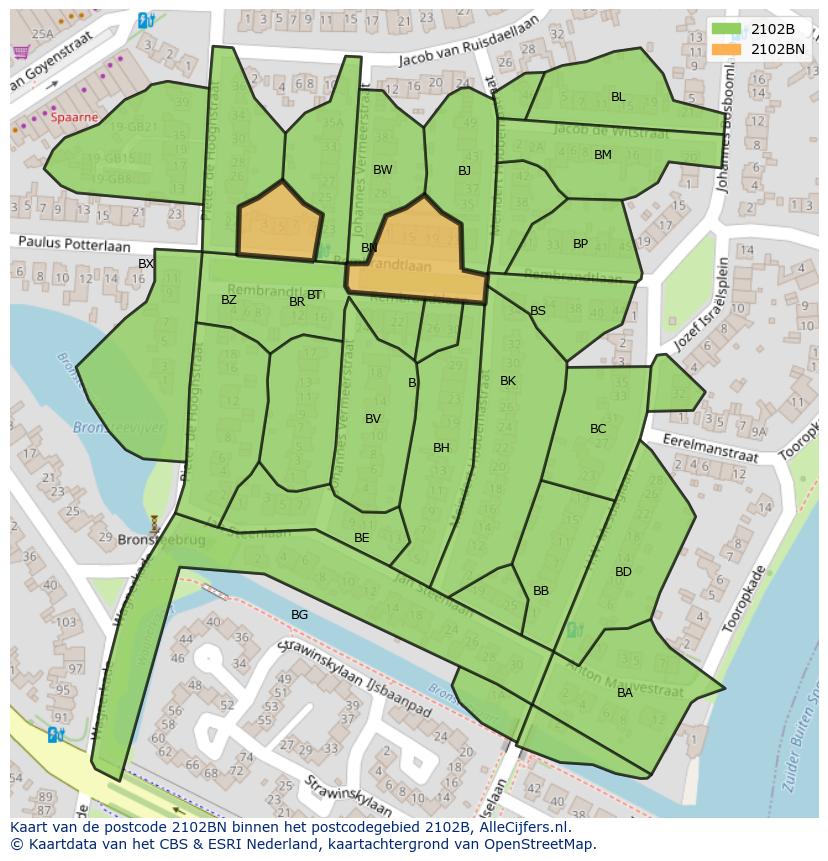Afbeelding van het postcodegebied 2102 BN op de kaart.