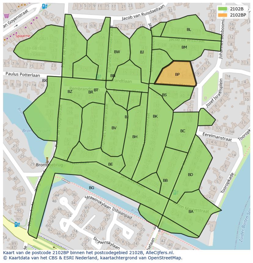 Afbeelding van het postcodegebied 2102 BP op de kaart.