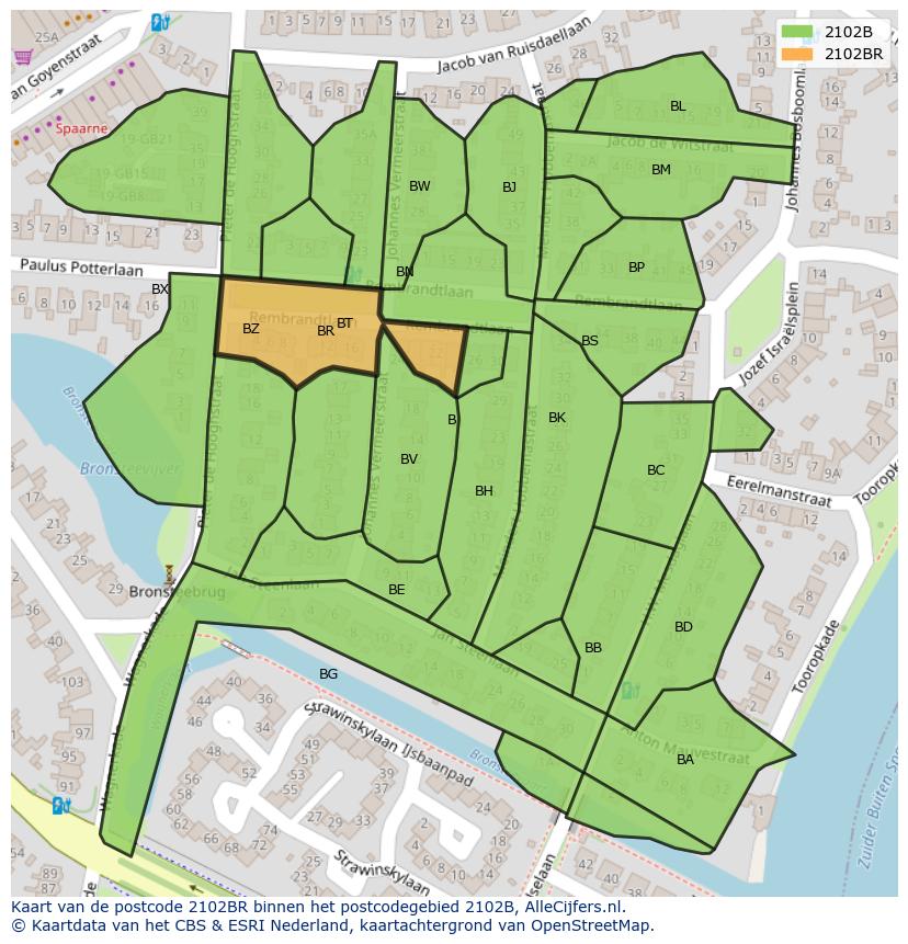 Afbeelding van het postcodegebied 2102 BR op de kaart.
