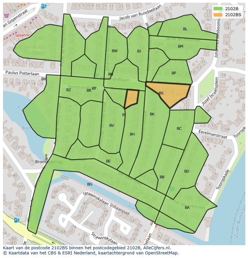 Afbeelding van het postcodegebied 2102 BS op de kaart.