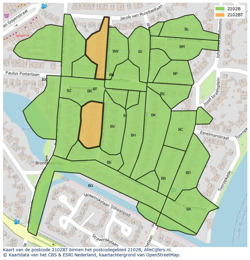 Afbeelding van het postcodegebied 2102 BT op de kaart.