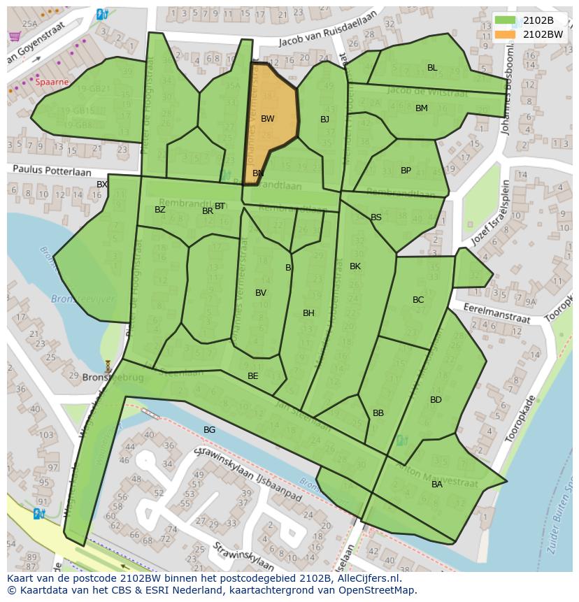 Afbeelding van het postcodegebied 2102 BW op de kaart.