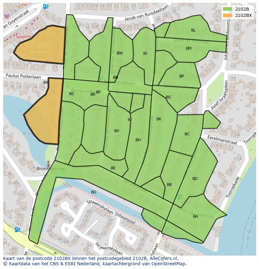 Afbeelding van het postcodegebied 2102 BX op de kaart.