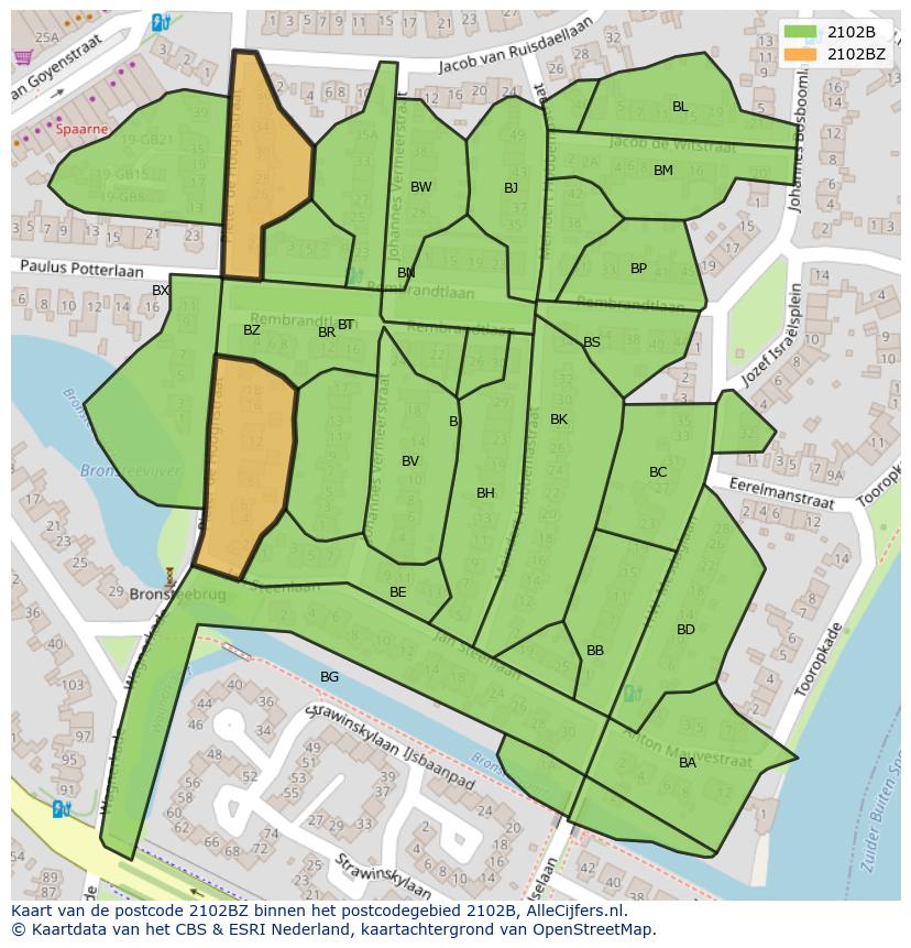 Afbeelding van het postcodegebied 2102 BZ op de kaart.