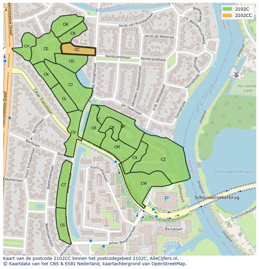 Afbeelding van het postcodegebied 2102 CC op de kaart.