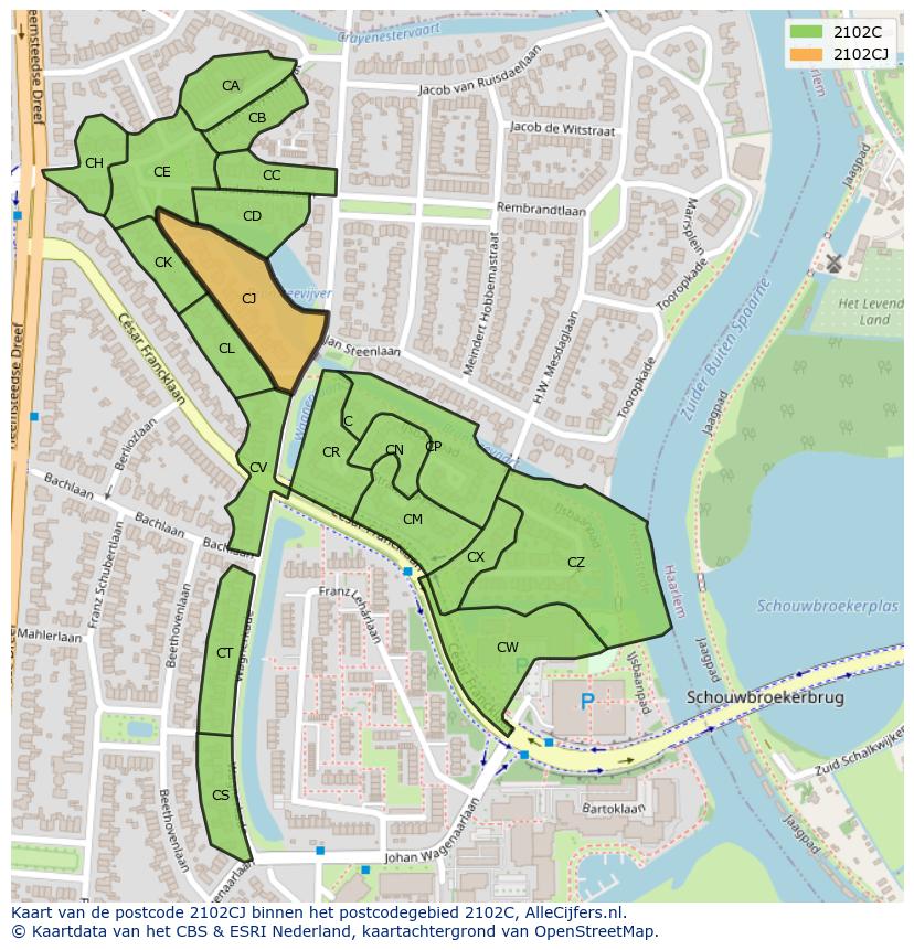 Afbeelding van het postcodegebied 2102 CJ op de kaart.