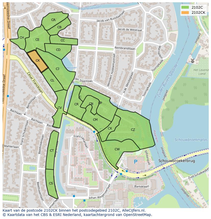 Afbeelding van het postcodegebied 2102 CK op de kaart.