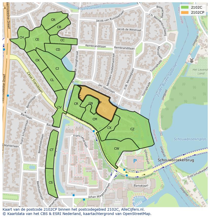 Afbeelding van het postcodegebied 2102 CP op de kaart.