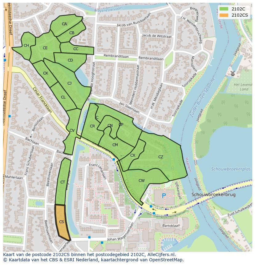 Afbeelding van het postcodegebied 2102 CS op de kaart.