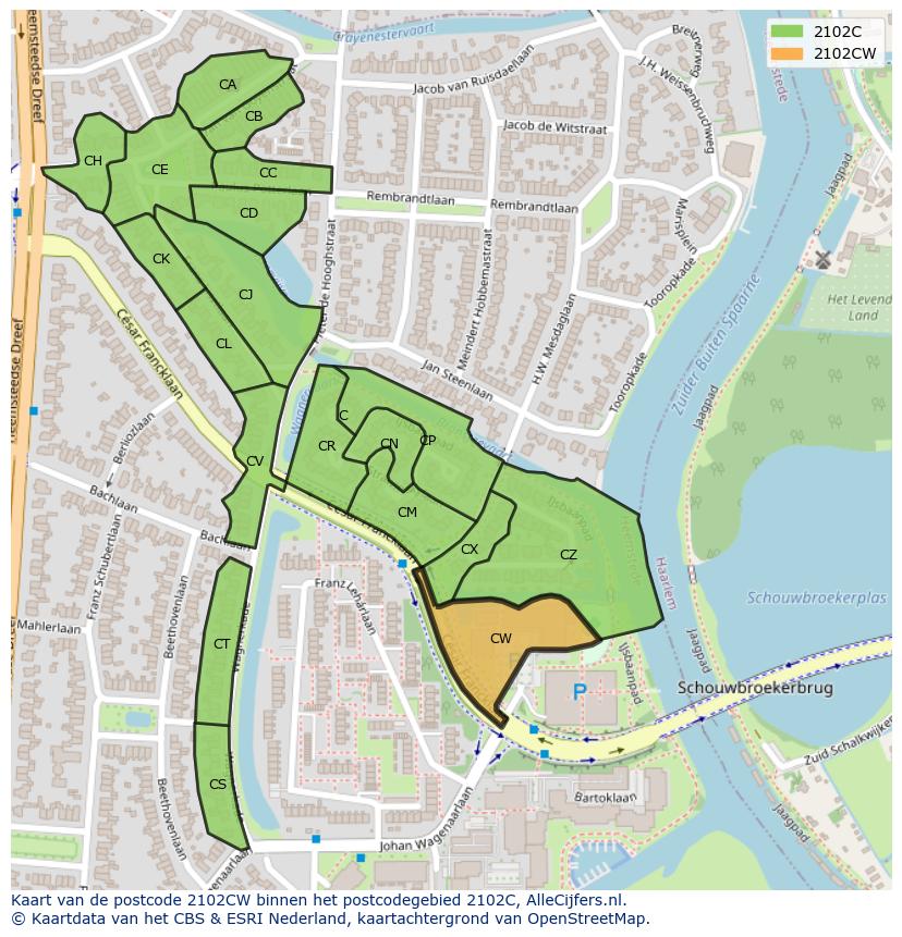 Afbeelding van het postcodegebied 2102 CW op de kaart.