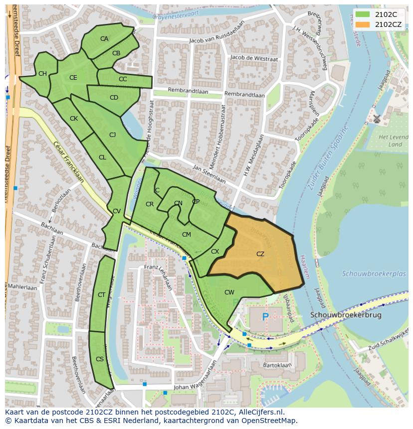 Afbeelding van het postcodegebied 2102 CZ op de kaart.