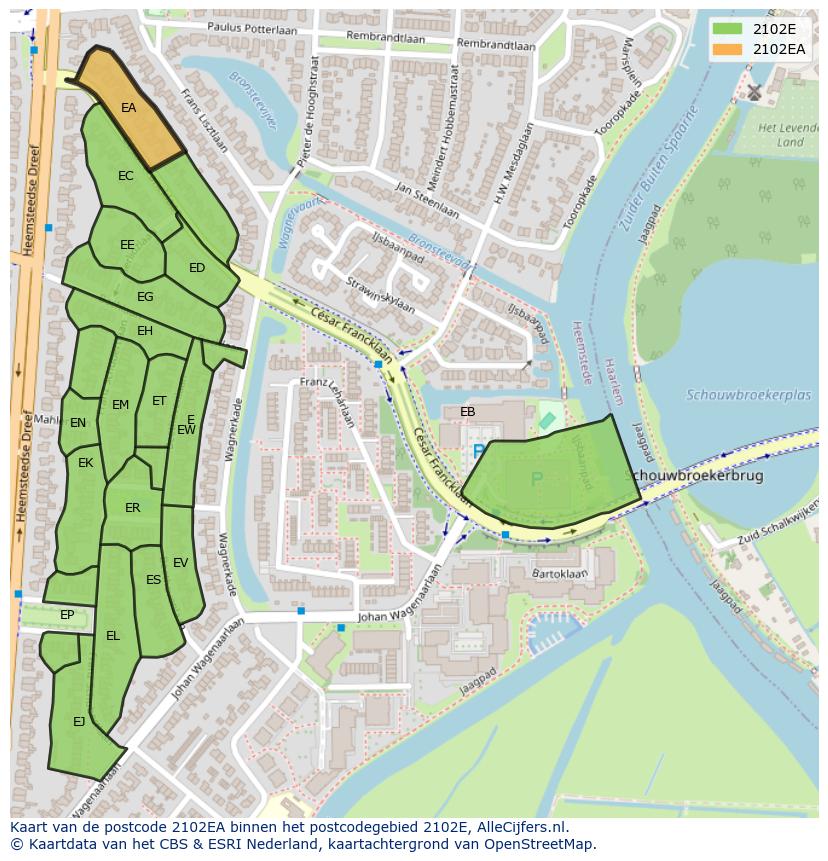 Afbeelding van het postcodegebied 2102 EA op de kaart.