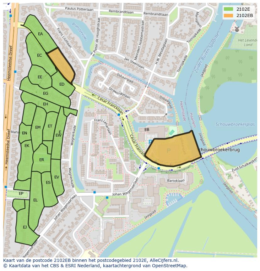 Afbeelding van het postcodegebied 2102 EB op de kaart.