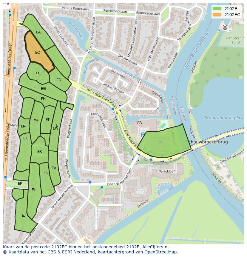 Afbeelding van het postcodegebied 2102 EC op de kaart.