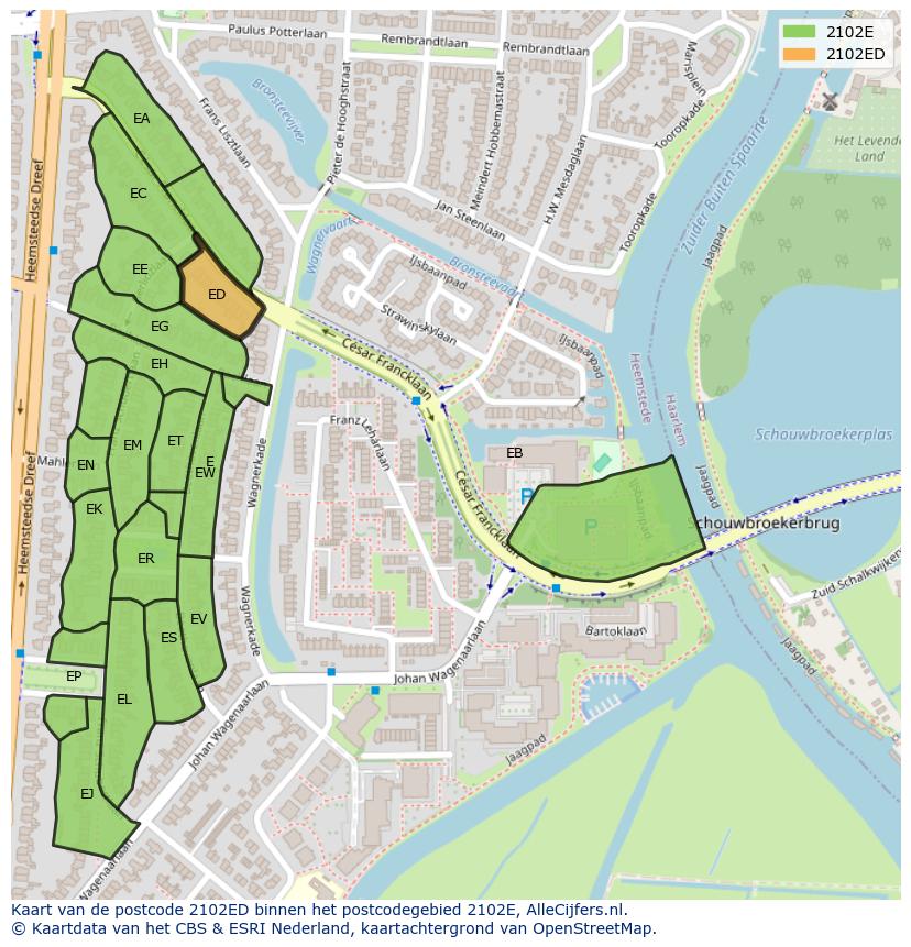 Afbeelding van het postcodegebied 2102 ED op de kaart.