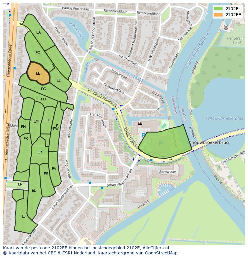 Afbeelding van het postcodegebied 2102 EE op de kaart.