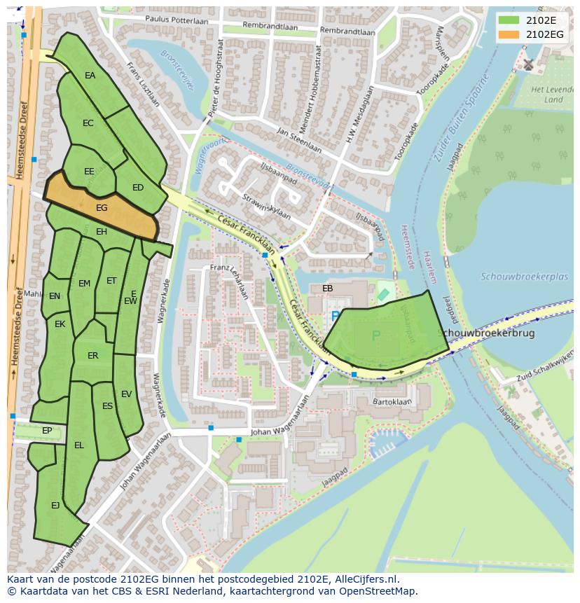 Afbeelding van het postcodegebied 2102 EG op de kaart.