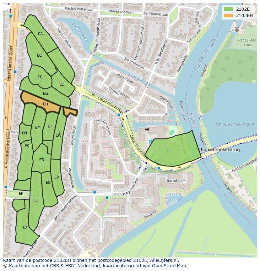 Afbeelding van het postcodegebied 2102 EH op de kaart.